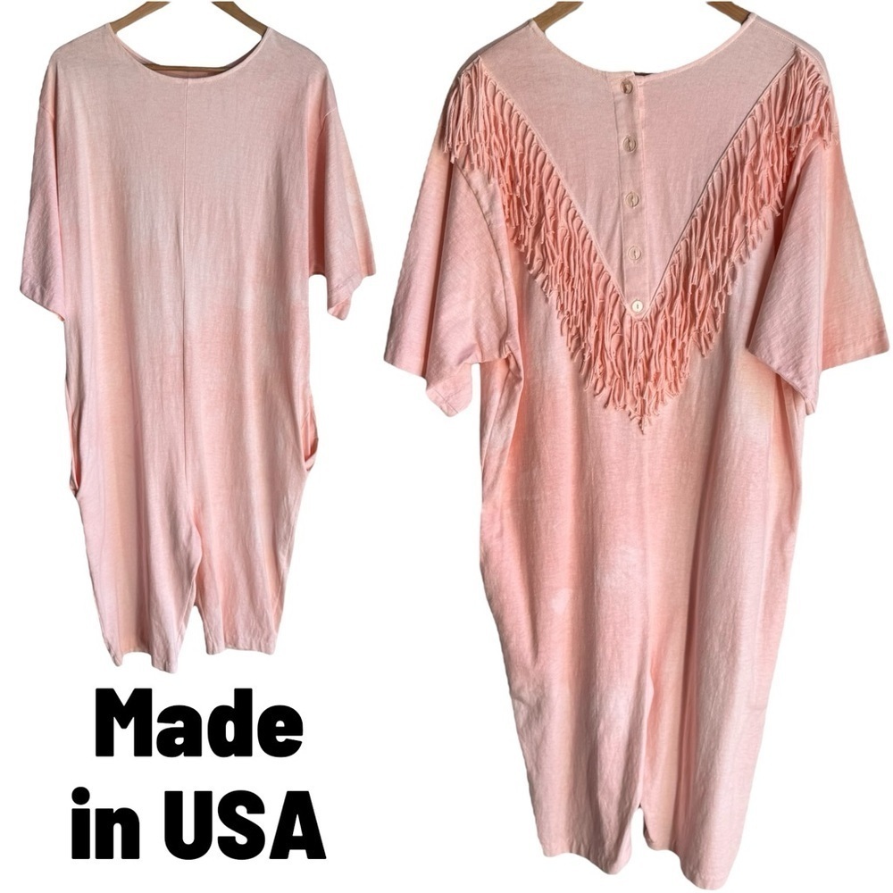 Vintage Peach Fringe Cotton One Piece Jumpsuit O/S Boho Western Loungewear EUC